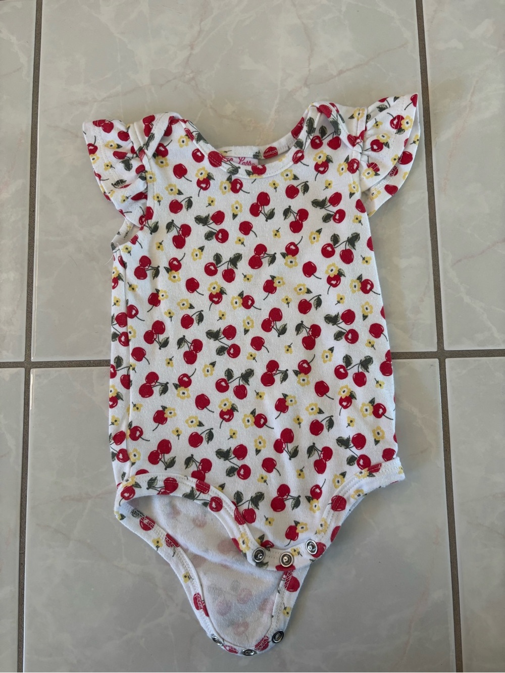 Little Lass White Cherry & Yellow Floral Flutter Sleeve Bodysuit